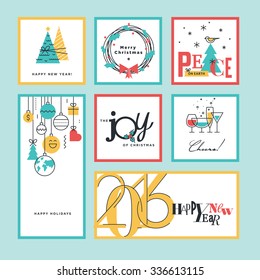 Set of flat line design Christmas and New Year greeting cards and banners.
