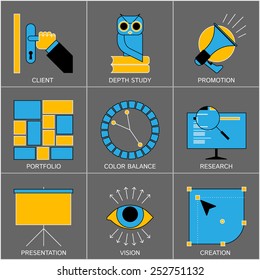 Set Of Flat Line Design Icons For Digital Marketing, Promotion, Campaign, Internet Presentation, Programming, Branding And Data Visualisation. Modern Vector Icons