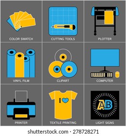 Set of Flat Line Design Icons for Sign-making Tools and Equipment.