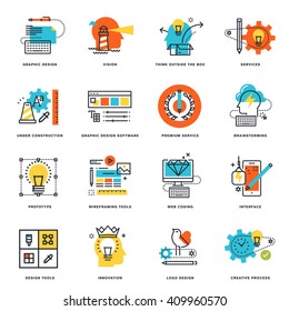 Set of flat line design icons of graphic design, tools and creative process. Vector illustration concepts for graphic and web design and development, isolated on white.