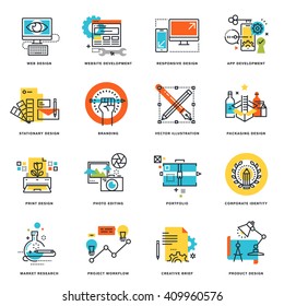 Set of flat line design icons of graphic design, website and app design and development. Vector illustration concepts.