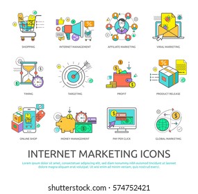 Set of flat line design icons of internet marketing and business for graphic and web designers. 