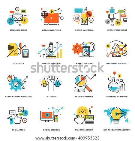 Set of flat line design icons of internet marketing and online business. Vector illustration concepts for graphic and web design and development, isolated on white.