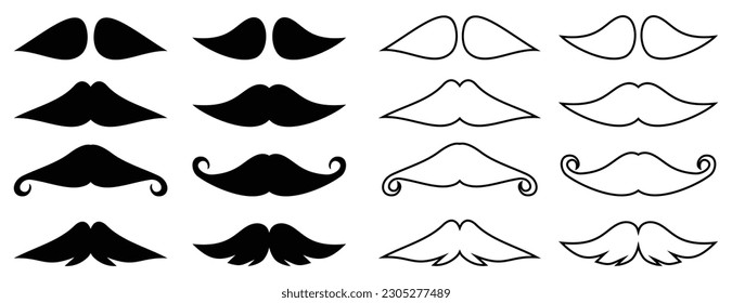 conjunto de íconos de bigote de diseño plano y de línea en aislamiento de fondo blanco, ilustración vectorial para el día del padre.