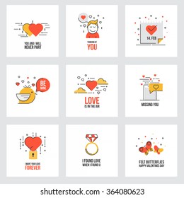 Set of flat line design Valentine's day greeting cards, web banner, badge, ad and printed materials. Vector Illustration