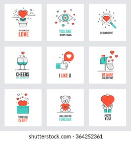 Set of flat line design Valentine's day greeting cards, web banner, badge, ad and printed materials. Vector Illustration