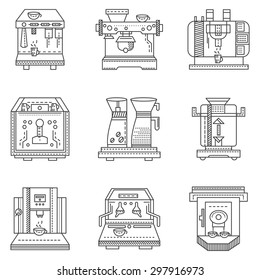 Set of flat line design vector icons for cafe and restaurant equipment. Professional coffee maker machines, automatic, with coffee mill and others elements for fragrant and tasty coffee beverages
