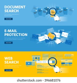 Set of flat line design web banners for job document search, website search, email protection, browser app, internet services. Vector illustration concepts for web and graphic design, marketing.