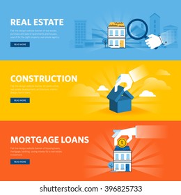 Set of flat line design web banners for real estate, construction, architecture and interior design, mortgage loans. Vector illustration concepts for web design, marketing, and graphic design.