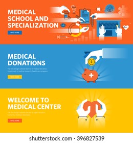 Set of flat line design web banners for online medical education, medical donations, medical center information and facilities. Vector illustration concepts for web and graphic design, marketing.