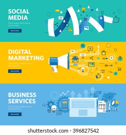 Set of flat line design web banners for social media, internet marketing, networking and business services. Vector illustration concepts for web design, marketing, and graphic design.