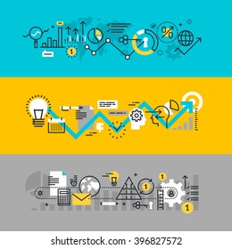 Set of flat line design web banners for business process, development process from idea to realization, market research. Vector illustration concepts for web design, marketing, and graphic design.