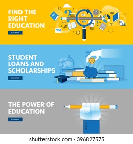 Set of flat line design web banners for education, student loans, scholarships, choice of education and profession. Vector illustration concepts for web design, marketing, and graphic design.