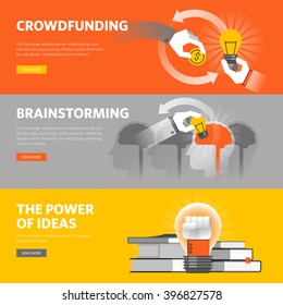 Set of flat line design web banners for crowdfunding, brainstorming, big idea. Vector illustration concepts for web design, marketing, and graphic design.