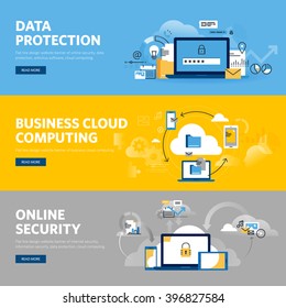 Set of flat line design web banners for data protection, internet security, antivirus software and services, business cloud computing. Vector illustration concepts for web and graphic design.