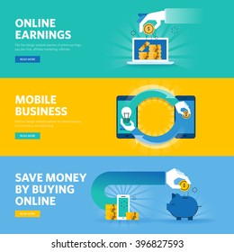 Set of flat line design web banners for online earning, pay per click, mobile business, m-commerce. Vector illustration concepts for web design, marketing, and graphic design.