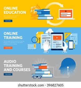 Set of flat line design web banners for online education, online training and courses. Vector illustration concepts for web design, marketing, and graphic design.