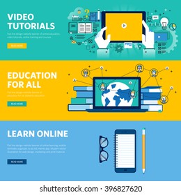 Set of flat line design web banners for distance education, online learning, video tutorials. Vector illustration concepts for web design, marketing, and graphic design.