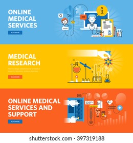 Set of flat line design web banners for online medical services and support, medical research. Vector illustration concepts for web design, marketing, and graphic design.