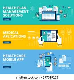 Set of flat line design web banners for healthcare mobile app, health plan management solutions. Vector illustration concepts for web design, marketing, and graphic design.