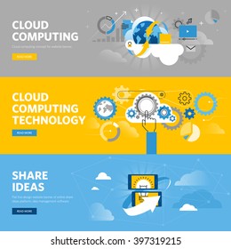 Set of flat line design web banners for cloud computing, online share ideas platform. Vector illustration concepts for web design, marketing, and graphic design.