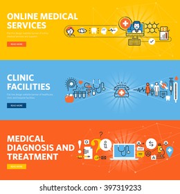 Set of flat line design web banners for online medical services, hospital and clinic facilities. Vector illustration concepts for web design, marketing, and graphic design.