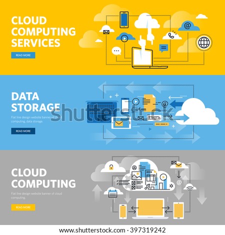 Set of flat line design web banners for cloud computing services and technology, data storage. Vector illustration concepts for web design, marketing, and graphic design.