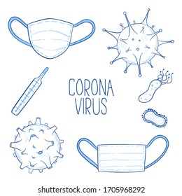 Set of flat line doodle medical icons. Bundle of elements of the coronavirus epidemic. Virus, mask, thermometer, bacterium, flu isolated on white background. Design concept vector illustration.