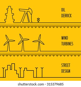 Set Of Flat Line Elements Over Colored Backgrounds. Oil Pump Jack Silhouette Design. Wind Turbines Generating Electricity.  Wind Turbine Generate Electricity. Green Energy. Vector Illustration.