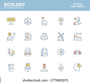 Set of flat line filled icons for Ecology theme, suitable for mobile concepts, web application, printed media and infographics projects. Vector Illustration