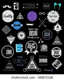 Set of flat and line hipster modern colored retro transparent, blur, labels, stamps, signs, marks and calligraphy, text and stickers