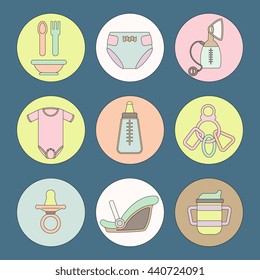 Set of flat line icon for baby care products. Diaper,bottle, breast pump, carrier,pacifier, rattle, cup, romper suit.

