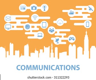 Set of Flat line icon & infographic design concept,social network, communication in the global computer city