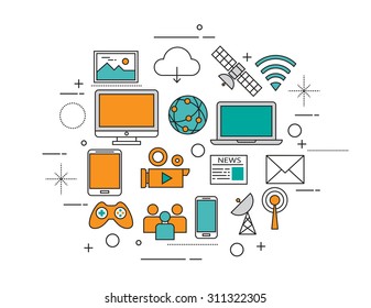 Set of Flat line icon & infographic design concept,social network, communication in the global computer