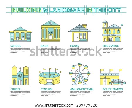 Set of Flat line icon & infographic design concept, Buildings landmark city