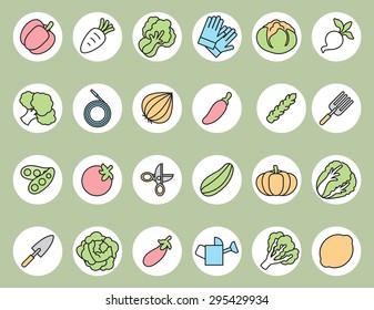 Set of Flat line icon Vegetable garden and  Gardening equipment
