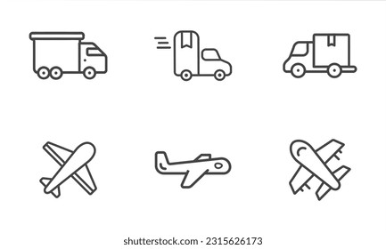 Set of flat line icons of airplane, truck, plane. Vector illustration delivery concept