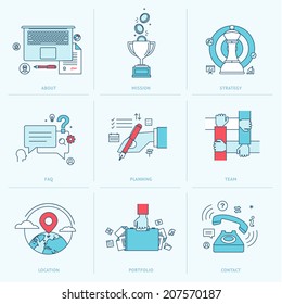 Set of flat line icons for business. Icons for company strategy, planning, teamwork, portfolio, organization, management, marketing, contact information. 