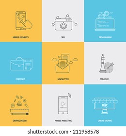 Set of flat line icons concepts of mobile payments,seo, programming, portfolio, newsletter, strategy,mobile marketing, and online shopping . Design elements for web and mobile applications. Vector