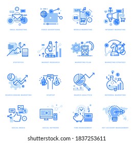 Conjunto de íconos de línea plana de marketing digital y negocios. Conceptos vectores para el diseño y desarrollo de sitios web y aplicaciones, presentación de negocios y material de marketing.