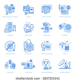 Set of flat line icons of distance education and online learning. Vector concepts for website and app design and development, business presentation and marketing material.