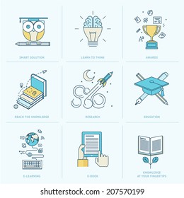 Set of flat line icons for education. Icons for online learning, online book, education solutions, research, knowledge.