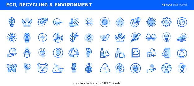 Set of flat line icons of environment, green technology, renewable energy, recycling. Vector concepts for website and app design and development.