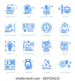 Set of flat line icons of graphic design and creative process. Vector concepts for website and app design and development, business presentation and marketing material.