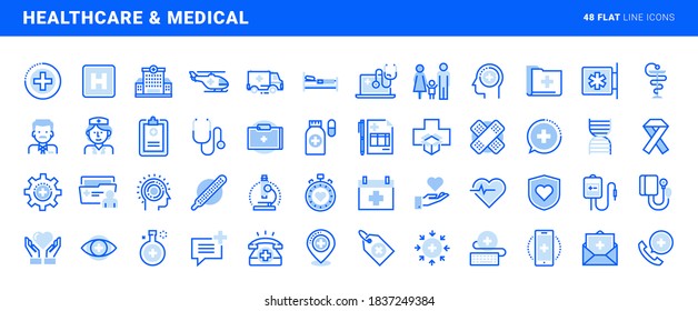 Set of flat line icons of healthcare and medicine. Vector concepts for website and app design and development.