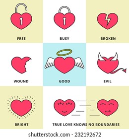 Set of flat line icons for love, dating and Valentine's Day. Looking for love, broken heart, good and evil in the heart,  joy to the heart, true love - stock vector