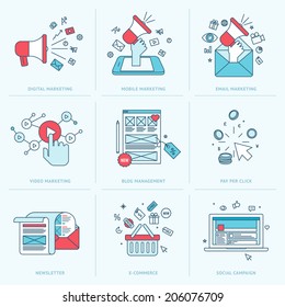 Set of flat line icons for marketing. Icons for digital marketing, mobile marketing, email marketing, video marketing, internet marketing, blog management, pay per click, e-commerce, social media.