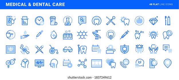 Set of flat line icons of medical and dental care. Vector concepts for website and app design and development.