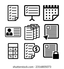 Establezca Iconos de línea plana Office y Business. Colección de iconos de línea financiera y de línea de negocio. aislado de fondo blanco.