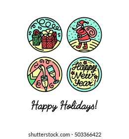 Set of flat line icons on the New Year's and Christmas Holiday. Decorative elements on the feast.